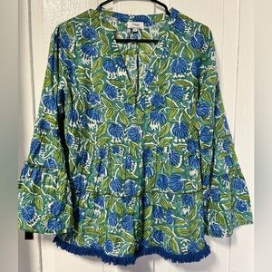 Gingy Fennerton Collection Rye fringe bottom blue and green tiered blouse Size M